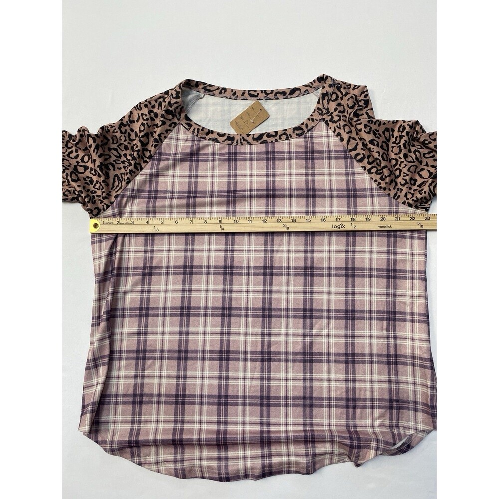 Boutique 1X Purple Plaid Leopard Sleeve Raglan Shirt Tunic Top NWOT - Picture 2 of 4
